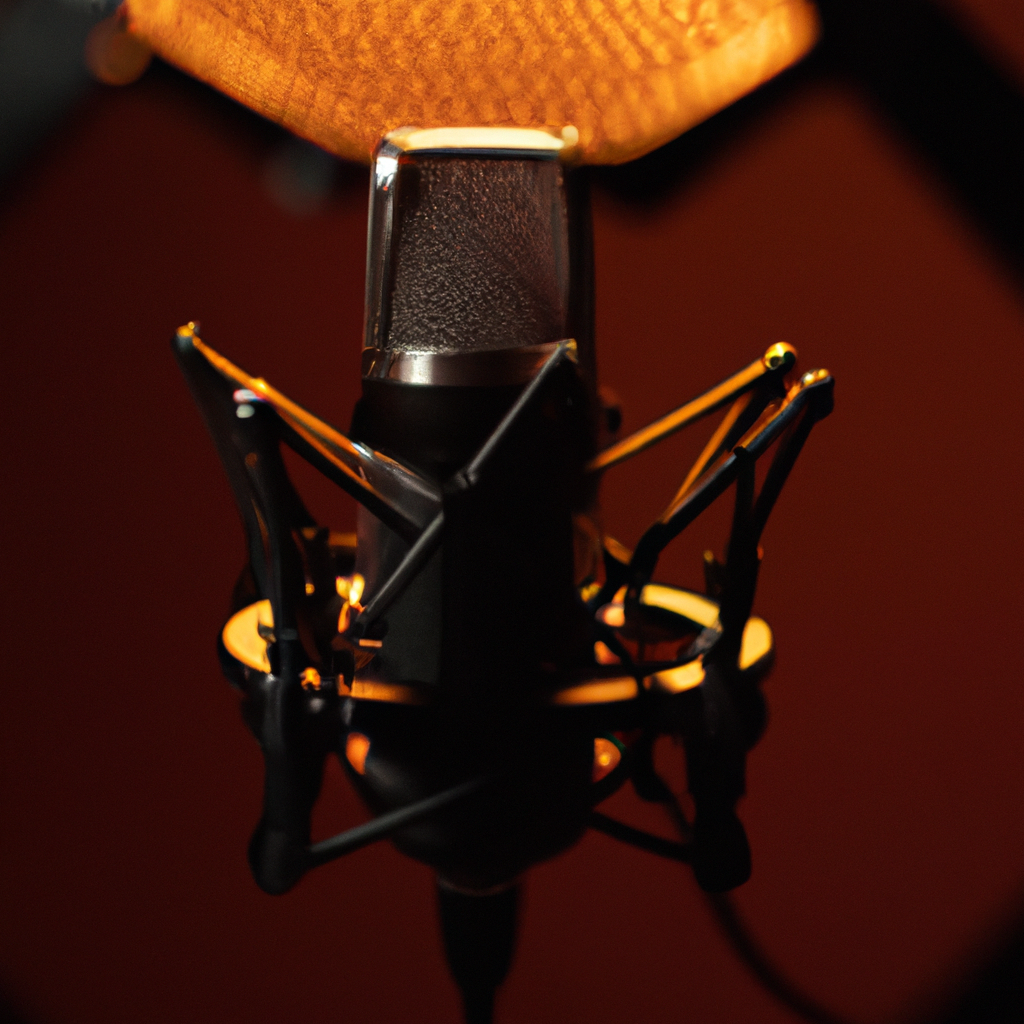 Studio microphone with pop filter in acoustic booth