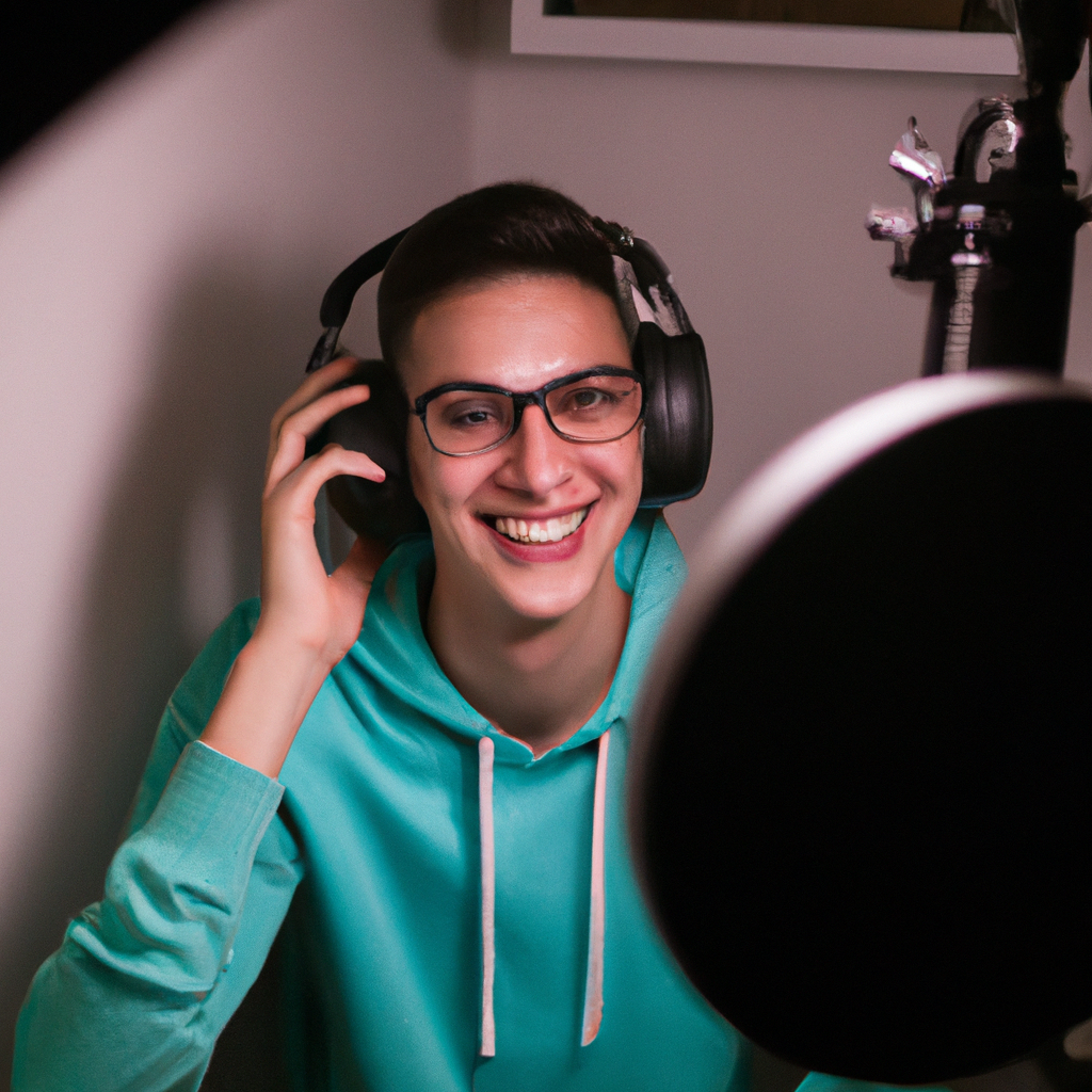 Student recording voice-over at home studio with headphones